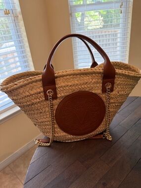 Veronica Beard Straw Crest Patch Tote